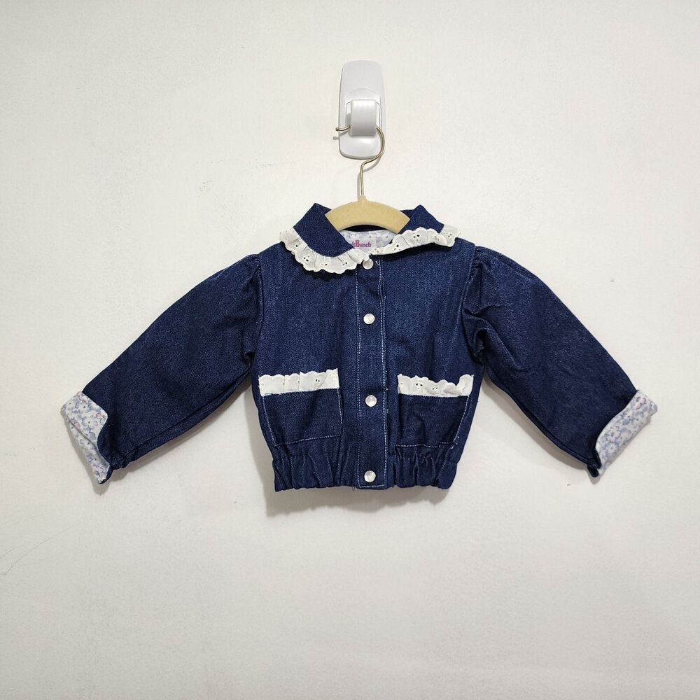 Vintage 80's Park Bench Kids Baby Girl Blue Denim Bomber Jacket Eyelet Trim 12M